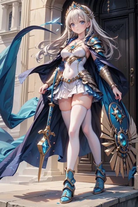  Young, Beautiful Woman ,( top quality, extremely precise depiction, AMAZING HIGH DEFINITION ,  Anatomically Accurate Depiction  , curvy legs ),( glowing skin, glowing skin),( a female swordsman with a noble vibe),( Blue Armor , Blue Boots,Metal Embroidery...