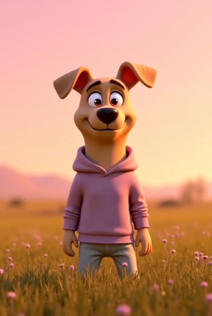 A cartoon dog, likely a character from an animated series, stands in a field. The dog is light beige/tan colored, with a slightly mauve/lavender-colored sweatshirt and light gray pants. Its expression is neutral to slightly mischievous, with arched eyebrow...