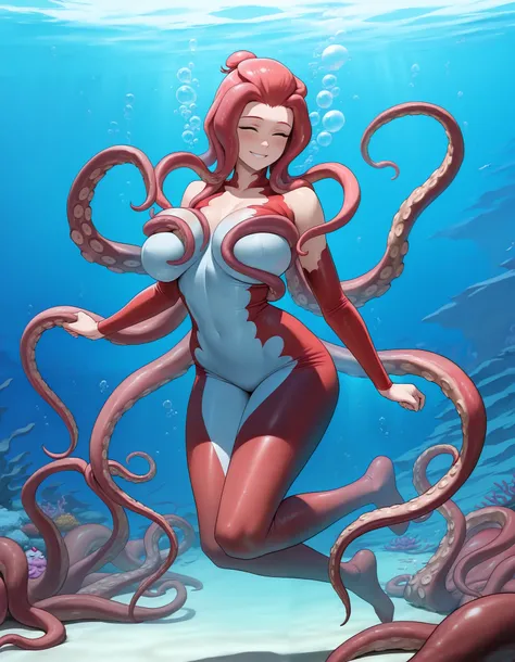 Anime Masterpiece, Red Octopus woman underwater, 1girl, red arm_tentacles, leg_tentacles, ((multiple_tentacles)), ((multiple tentacles)), tentacles grabbing breasts, red Scales, super sexy, smile, in underwater reef, tentacle girl, pink hair, big perky bre...