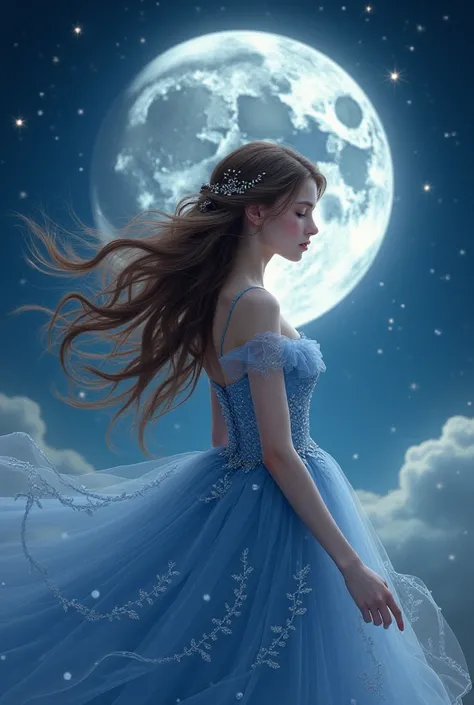 Waxing Moon in Night Blue and Silver,  hair with arabesques and stars and a 15-year-old ager on her back, wearing blue and silver debutante dress with brown hair