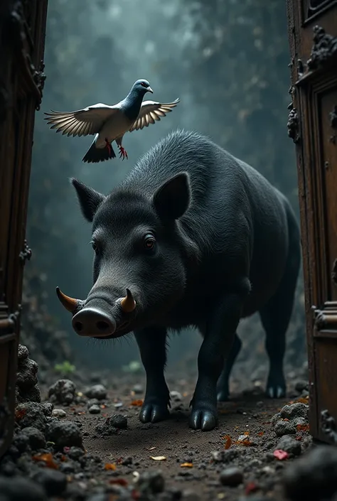 a black boar went into the depths, then the pigeon went under the cabinet, beat the boar and flew away with the cabinet