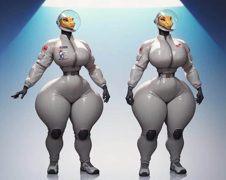 Anthro python woman, tiny waist, huge hips, thin arms, padded space suit, grey suit, round glass helmet, big chest, solo, full body, hourglass body shape, unrealistically small waist