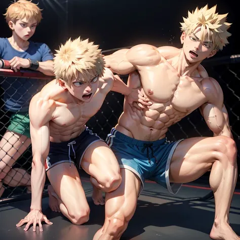 Bakugo (s )Shaved blonde-haired on the sides , wearing blue shorts , shirtless muscular Body and barefoot , fighting a brown-haired boy (s ) wearing red shorts , shirtless and barefoot , at a grappling tournament , anime style