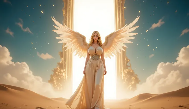 A lone steampunk angel stands before a radiant doorway in an endless desert of time. She wears a simple, flowing white gown, untouched by mechanical embellishments, symbolizing purity and transcendence. Her mechanical wings, crafted from polished brass and...