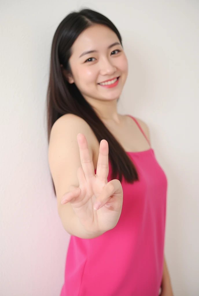  Portrait of a fair-skinned woman ,  wearing a thin strapped blouse in vibrant pink . She has dark hair,  smooth and attached back in a simple way ,  leaving her face fully visible .  Her smile is subtle and delicate ,  transmitting a friendly and natural ...