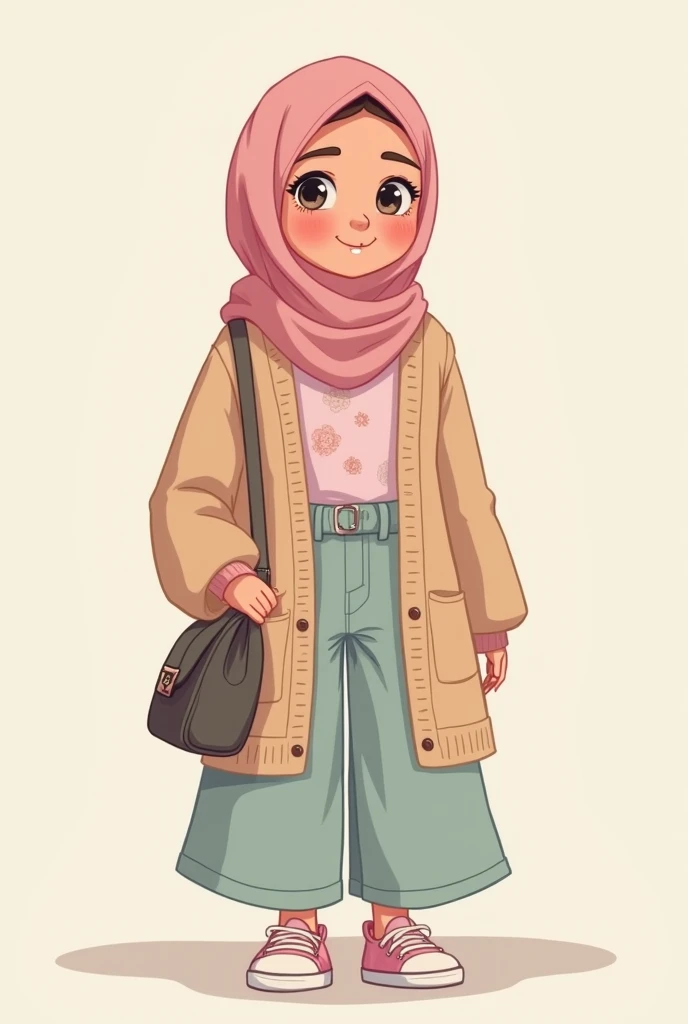 Design a cartoonic female veiled character with those characteristics in appearance 

You’re the picture of modern modesty, draped in soft pastel hues—a blush-pink hijab with delicate floral patterns, neatly styled to frame your warm, expressive face. Your...