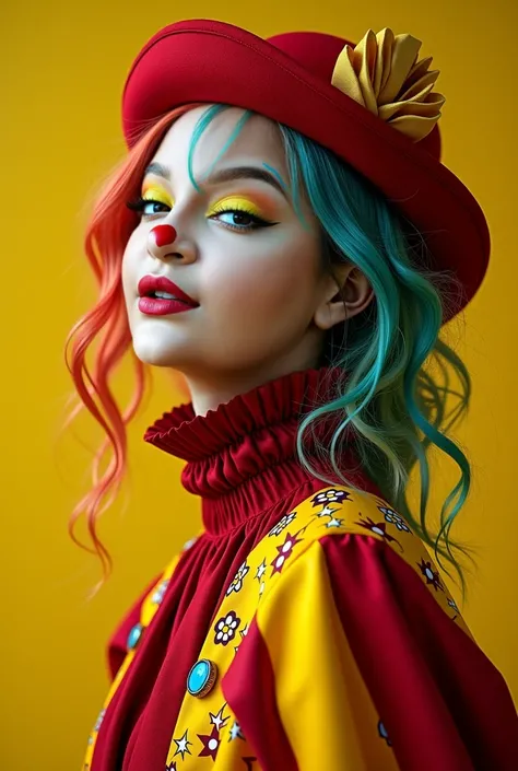 An  award-winning masterpiece  for Vogue Fashion magazine, sensual, sexy, desirable, hot,  award-winning masterpiece ,  a woman dressed as a sexy clown with mixed colored hair, in the style of magic girl ,  colorful moebius ,   light yellow and dark crimso...