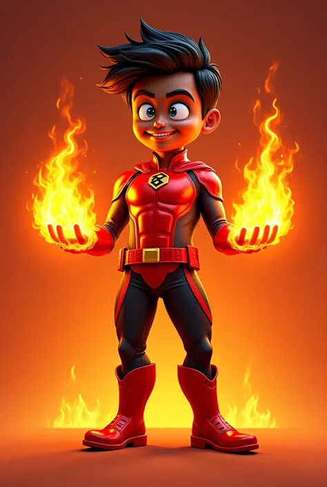  CARTOON COMICS

Homem: 22 years 
Pele :  Black
Cabelos : Chestnuts
Clothes /It lasts:  Metallic Red ,  with black details,  red gloves and boots ,  fire-colored
Powers :  Fire Element
Your hands are surrounded by flames