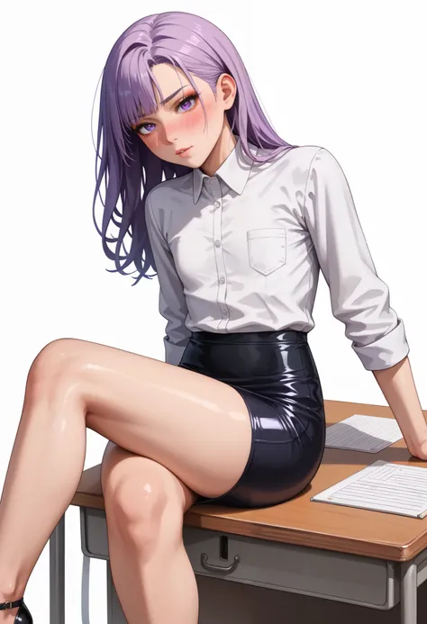 ((White background )) (masutepiece, Best Quality, High quality:1.4), (Curve:1.1), Long Purple hair, lip stick, makeup, Ultra Detail Hair, ultra detail face, (Purple eyes:1.05), ( blush:1.2), (Black tight skirt:1.3), (Long-sleeved white shirt:1.3), high-hee...