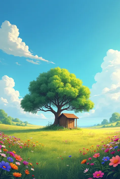 A vast open ground with a small wooden hut standing in the middle. Surrounding the hut are vibrant, colorful flowers of various types, adding brightness to the scene. A large tree with sprawling branches provides shade nearby, while the sky above is clear ...