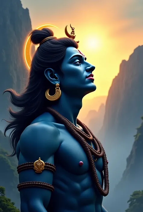 "A majestic digital painting of Lord Shiva, depicted in a serene and contemplative pose. He has a striking deep blue complexion and is looking upwards with a calm and powerful expression. His matted hair holds a crescent moon and a coiled serpent, glowing ...