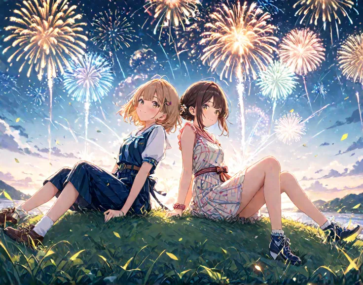 A couple sits on a hill and watches fireworks