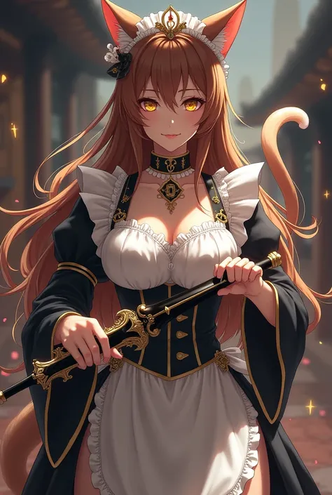 Mature woman, long brown hair, yellow eyes, cat eyes, cat ears, cat tail, maid clothes, maid headdress, maid choker, maid sleeves, anime, holding black and gold daggers in hands, big breasts