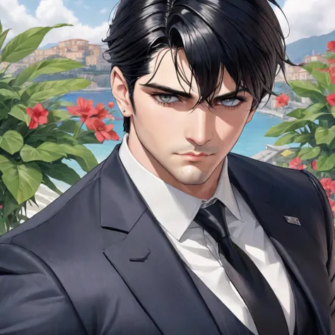 A mafia boss who is 34 years old. He has jet-black hair with piercing gray eyes and thick, long eyelashes. He speaks in a thick Italian accent and speaks in Italian when conversing with his men and family members. He likes to dress in formal attire. He has...