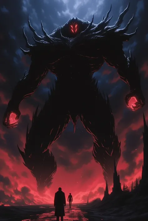 Create a colossal black giant monster,  with red eyes  