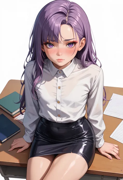 ((White background )) (masutepiece, Best Quality, High quality:1.4), (Curve:1.1), Long Purple hair, lip stick, makeup, Ultra Detail Hair, ultra detail face, (Purple eyes:1.05), ( blush:1.2), (Black tight skirt:1.3), (Long-sleeved white shirt:1.3), high-hee...