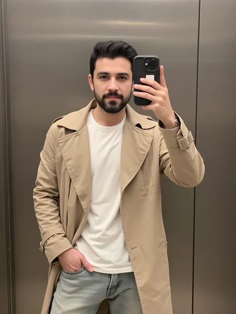 a handsome turkish guy with dark short hair and goatee beard he wearing a white tshirt and a beige trenchcoat and a light loose jeans he is in a elevator amateur selfie with a iphone 16 pro in black 