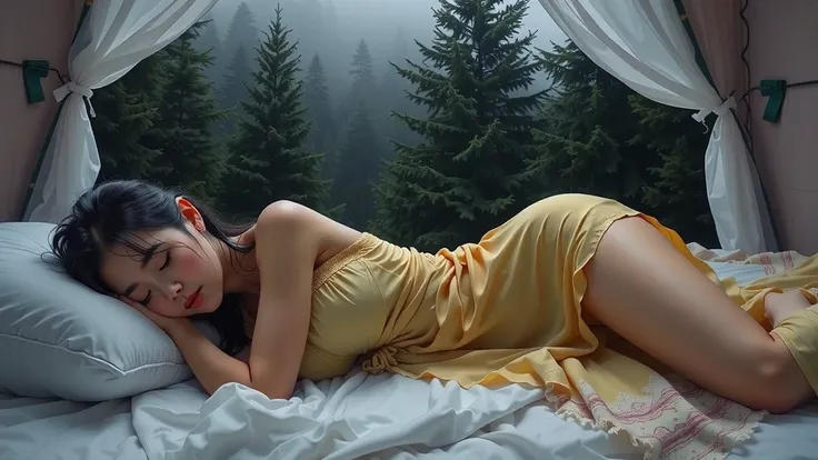 wet,beautiful Asian woman in nightgown, wet hair, bare leg, big boobs, sleeping, closed eyes on white bed in tent overlooking foggy pine forest, soft light, cloudy,  (big boobs 2  .2)