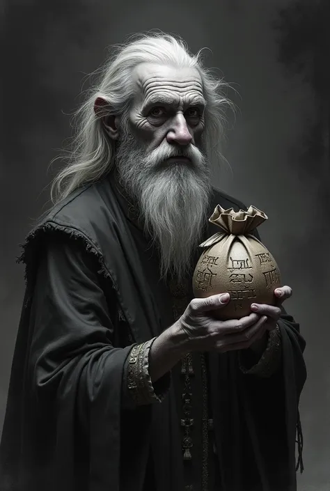 Crazy looking old man, DnD style character, man in the robe, strangely looking bag, empty bag, human man, black and white, small  bag, strange runes on the bag, 