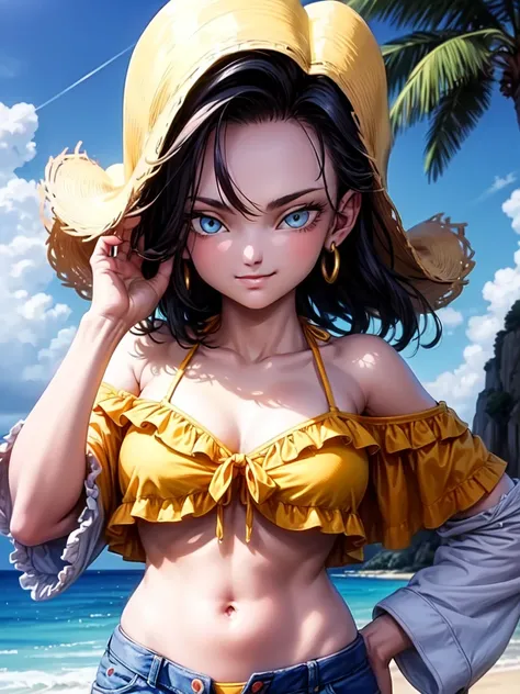 masterpiece， High quality， super detailed， absurd， Portrait of Linda Android 18db ， alone， Nipple rings ， ( bikini:1.5)， Inappropriate Clothes ，gem， (off-the-shoulder outfit:1.5)， cleavage， Upper body foreground ， smile， corda， better， cloud， Heaven Heaven...