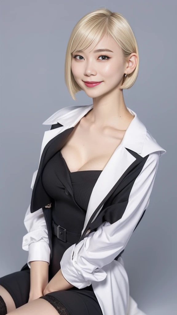 ((  big breasted ))、  upper body picture、  Please take a close up photo of your face  、  white skin、   amazing light、   white collar shirt 、((  platinum blonde hair  :1.2))、((  short hair:1.4))、((  straight hair))、blunt bangs、Detailed embroidery、  black dr...