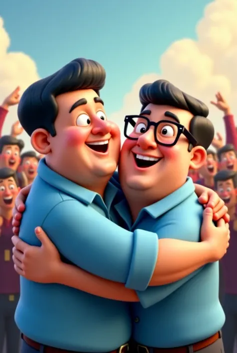 animated portrait of 2 leaders, one wearing glasses and fat, the other not wearing glasses, they both wear light blue shirts hugging each other to celebrate victory, and behind them are many people celebrating the victory.