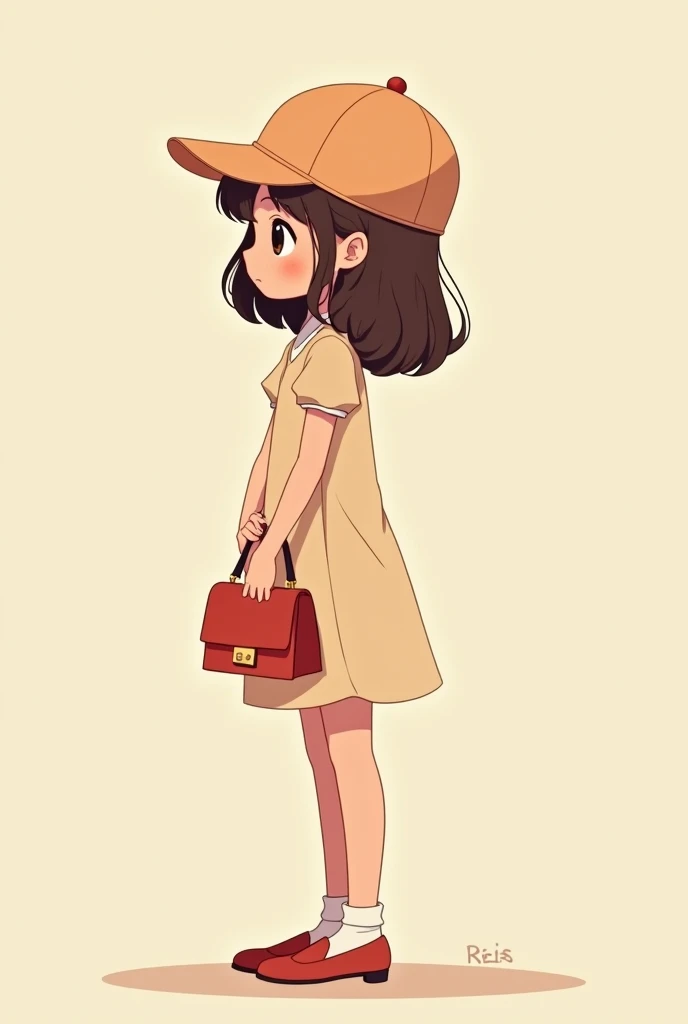 8 want a cute girl standing side view with a cap and hand bag holding using two hands together in a shy manner 