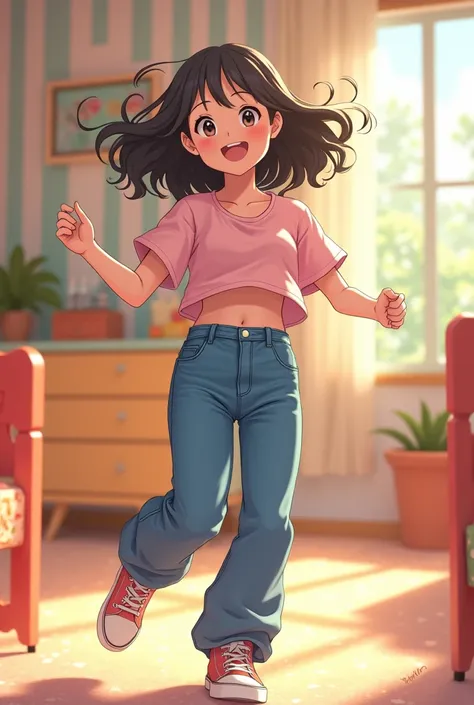 young girl dancing around in her high-waisted mom jeans shirtless flat chest in colorful playroom Ichigo Mashimaro style