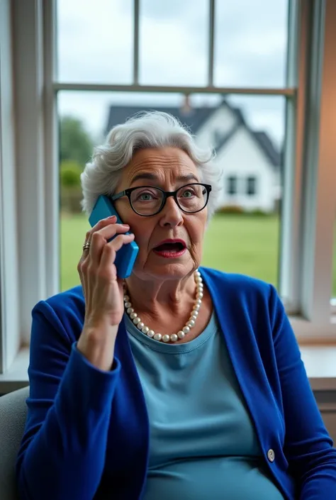 A hyper-realistic 3D-rendered image of an elderly woman sitting near a large window in a suburban home during daytime. She has silver hair, wears thin-framed glasses, and is dressed in an elegant royal blue cardigan over a light blue blouse, accessorized w...