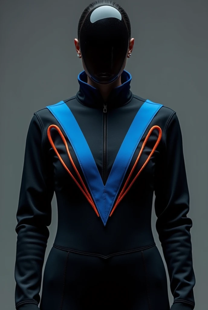 A black uniform with a blue V with orange posts and a blue collar