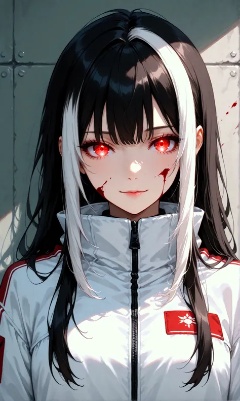 1girl, chibi, female_focus, solo, red_eyes, blood_on_Face, black_hair, white_hair, multicolored_hair, jacket, white_jacket, looking_at_viewer, glowing, upper_body, long_sleeves, zipper, closed_mouth, slight_smile, bangs, glowing_eyes, very_long_hair