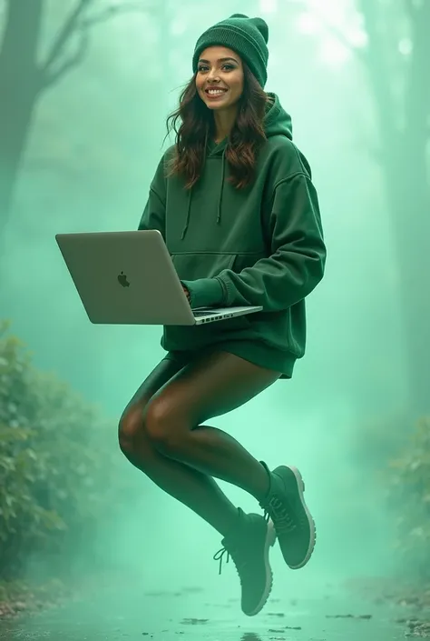 create an ultra realistic photo of Full body smiling beautiful edgy woman wearing green hoodie and beanie hat flying in the air while holding a laptop with her legs at behind, transparent background