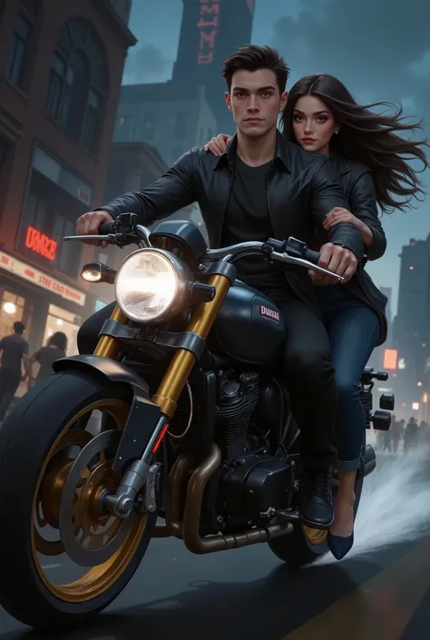young couple, 22 year old man, high, strong,  black hair and light eyes,  fair skin ,  jawed pants and full lips, He's wearing black pants and a black t-shirt and a black leather jacket, He is riding a big black Ducati motorcycle,  he's looking forward,  s...