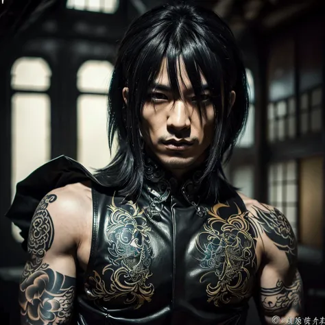 1 man, Japanese man, Male, Asian eyes,   muscular,   wide shoulders , Yakuza-Tattoos, Hairstyle Visual Kei style , Hair Visual Kei,  black men's shirt and black pants,  ultra detailed face and eyes ,  hyperrealistic ,   realistic presentation ,  long hair,...