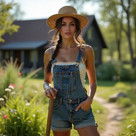 8k, UHD, hyper realism,  real background , Wide angle lens.  A brunette Instagram model , Irène Makris , 34 years old,  with brown eyes and long wild hair tied in a ponytail.  olive-brown skin and natural breasts ,  slimmer defined physique , natural lips....