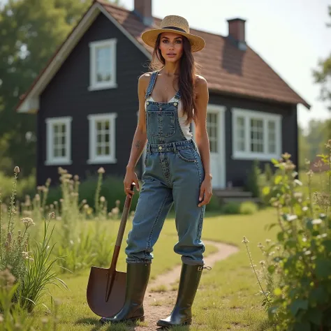 8k, UHD, hyper realism,  real background , Wide angle lens.  A brunette Instagram model , Irène Makris , 34 years old,  with brown eyes and long wild hair tied in a ponytail.  olive-brown skin and natural breasts ,  slimmer defined physique , natural lips....