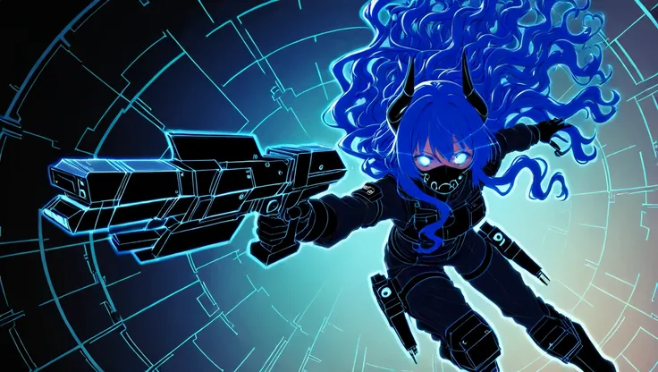 A girl with wavy hair, dynamic angle, dynamic pose, horns with gradient of blue and black, blue hair, long hair, holding a mechanical gun, soldier outift, glowing eyes, cool mouth mask, dynamic visual background