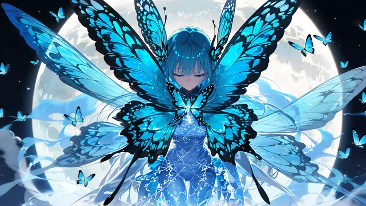  blue butterfly, ( intricate details:1.4), Bright square in the full moon forest, ( many blue ghost butterflies ), Anime,  fantasy,  detailed biography, 2D, CG, ( very detailed), ( high resolution), ( top quality), ( Masterpiece)