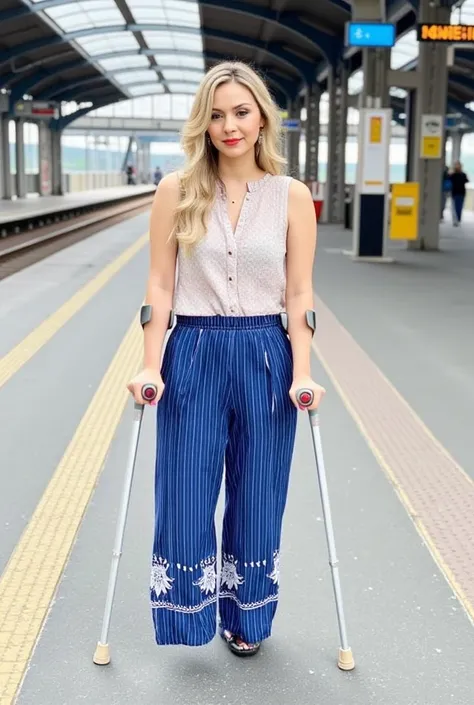 high quality photo of a slim, young, amputee woman with  crutches. Her right leg is amputated above the knee. She wears a shirt-style top and blue palazzo pants. The pants are very wide , they are flowing and fluttering when she moves. The she likes when h...