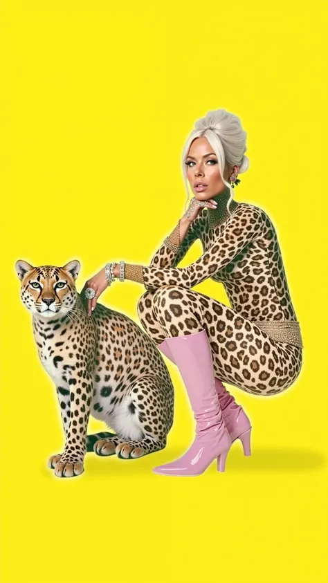  High-resolution image with meticulous details, stylish white blonde woman in leopard outfit sits next to a leopard on a yellow background.