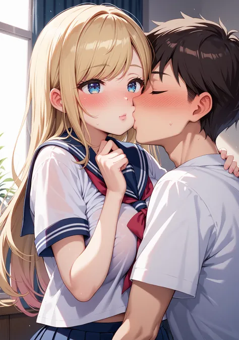 1girl, 1boy, kiss, kiss on cheek, girl, slender, busty, pale skin, blonde hair, long hair , swept bangs, straight hair , blue eyes, Slanted eyes , pink beige lip, lovestruck, (blush:1.6), school uniform, serafuku, pleated skirt, sailor collar, white shirt,...