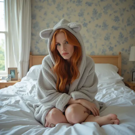  create a celebrity image similar to Jessica Chastain .  The scene portrays a young woman relaxing in a cozy environment ,  sitting on the bed covered with white sheets .  She wears a soft, fuzzy robe in a shade of light gray ,  that has a hood and charact...