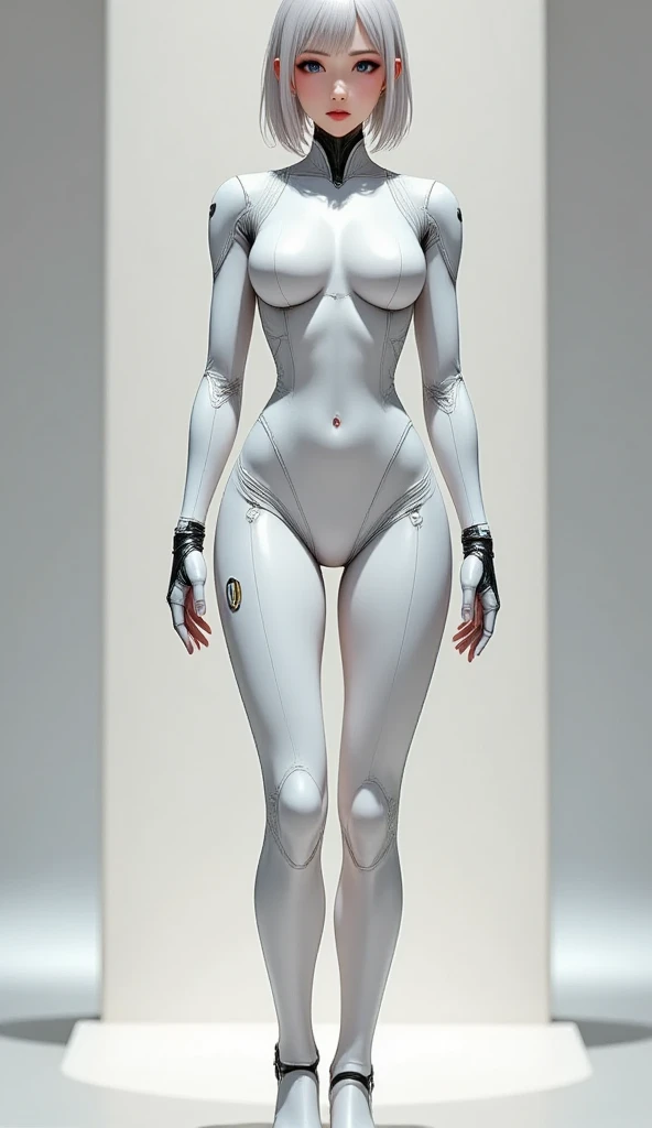 A full-body portrait of a newly created android that closely resembles a human, with delicate features and almost lifelike skin. The android's face is serene and neutral, lacking expressive emotions due to its recent creation. The eyes occasionally glow wi...