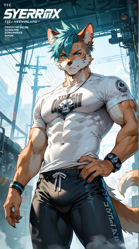 score_9, score_8_up, score_7_up, score_6_up, score_5_up, score_4_up, cover page, source_funny, absurdres, perfect anatomy, Steam punk, hard-boiled, SF, cyber punk, boy, serious(kemono, furry anthro)Rim light, cinematic lighting, touching his own abs, techn...