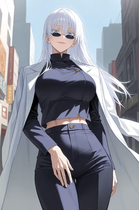 (masterpiece, best quality), best score, amazing quality, very aesthetic, absurdres, highres, newest, HDR, 8K, high detail RAW color art, 1girl, smile, pink lips, gojou satoru, jujutsu kaisen, black sunglasses, blue eyes, colored eyelashes, white hair, lon...