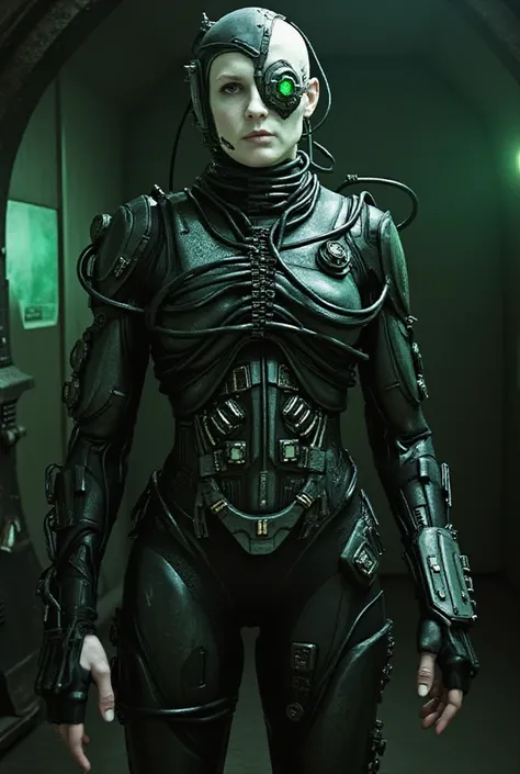 Borg woman from Star Trek, standing in a dark, mechanical environment. Her face is pale with a mix of human features and sleek cybernetic implants. A glowing green ocular device covers one eye, with wires running down her neck into her body. Her skin is in...