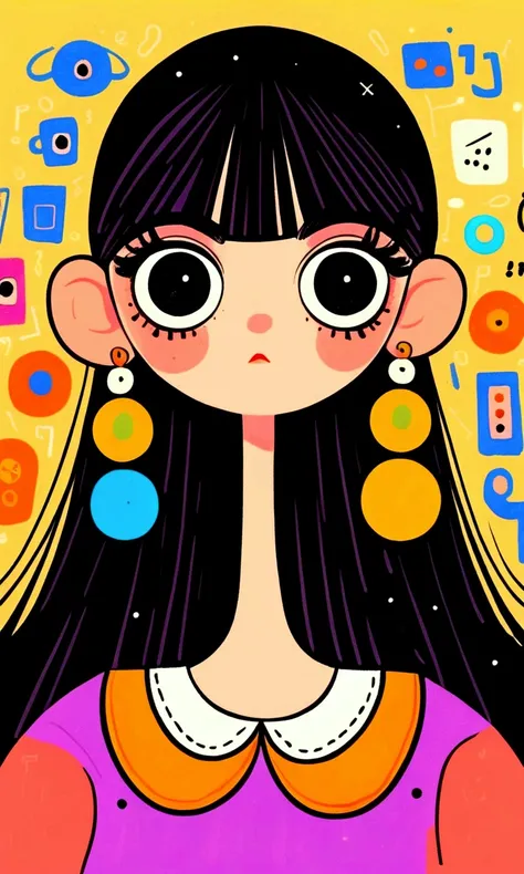 Flat Wind，Vector，ish art cartoon，Cartoon girl with black hair and big earrings wearing a cap, big eyes，Cute expression，Bangs，Minimalism， White collar，Lovely art style, rich and colorful! Digital illustration style, The art of math. rich and colorful comic,...