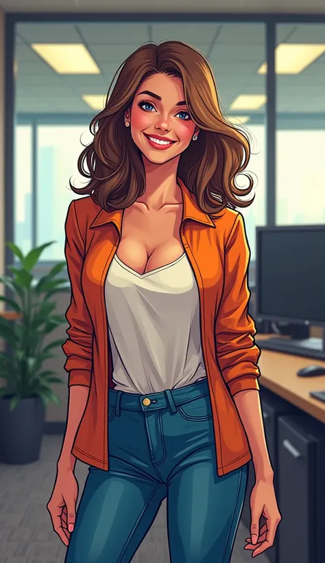 DISCREET image. with discreet casual clothes. image adult woman, american, comic book style.  in an office. IMAGES WITH VIBRANT COLORS. natural face. she is happy