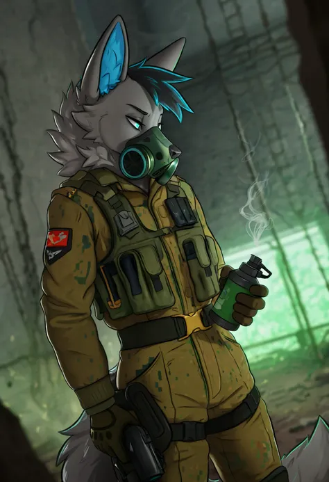 masterpiece, best quality, amazing quality, very aesthetic, high resolution, ultra-detailed, absurdres, newest, scenery, furry, body fur, YuriOC, grey fur, male, solo, military suit, military clothed, blue eyes, warzone, gas, tear, wallpaper material, char...