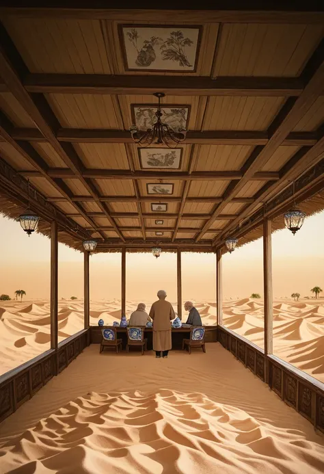 Depressing atmosphere , warm and dull colors , old man surrounded by sand , porcelain vases with intricate engravings, chandeliers hang from the ceiling ,Sand covers the old man's body